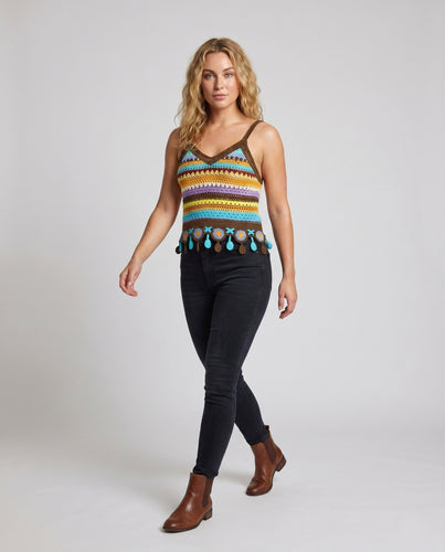 Damen sommerliches Häkel-Crop-Top mit bunten Streifen EB