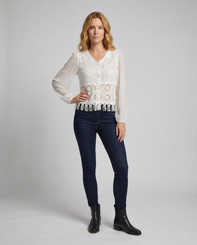 Damen Spitzenbluse mit transparenten Ärmeln EB