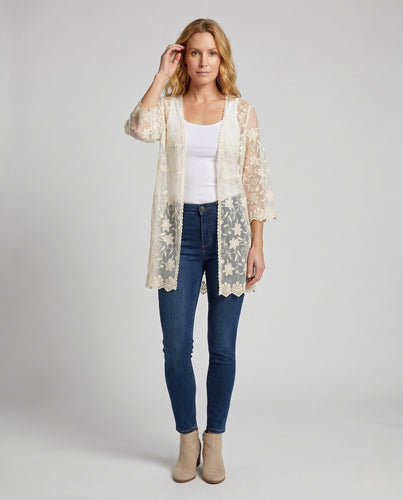 Damen Spitzenjacke mit floralen Stickereien und leicht transparenter Struktur EB