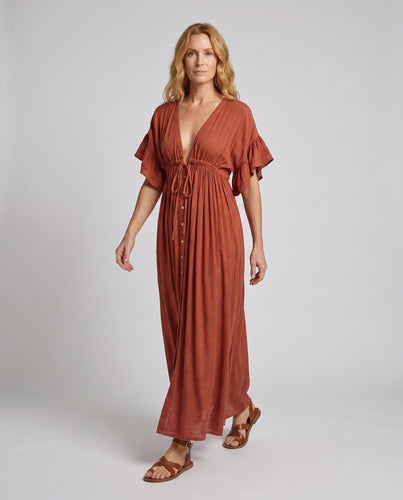 Damen Strandkleid mit V-Ausschnitt und Gummizug EB