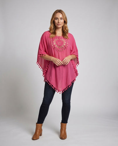 Damen Strandponcho mit dekorativem Häkelbesatz EB