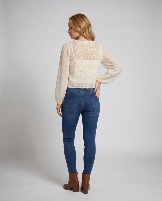 Damen transparente Bluse mit floralen Stickereien und Knopfleiste EB