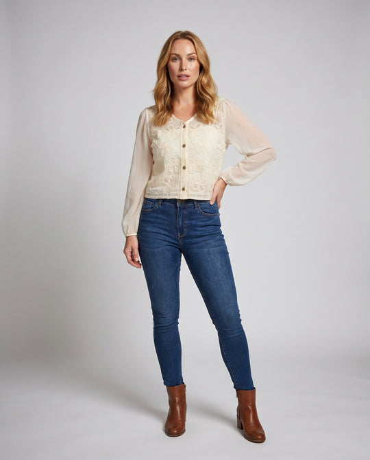 Damen transparente Bluse mit floralen Stickereien und Knopfleiste EB