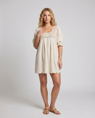 Damen Blütenstick Kleid mit ballontärmel EB