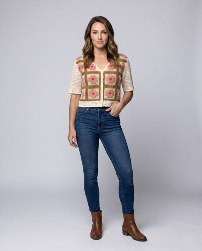 Damen gehäkelte Bluse mit floralen Applikationen EB