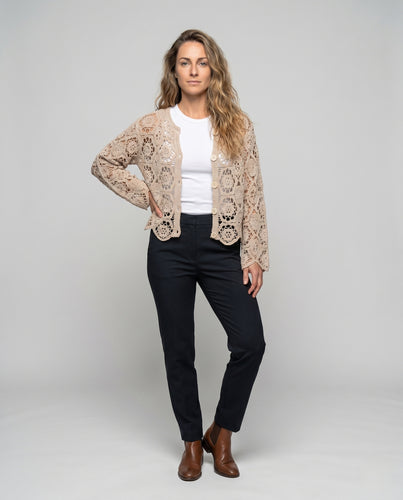 Damen gehäkelte Spitzenbluse mit weiten Ärmeln und eleganten Knöpfen EB