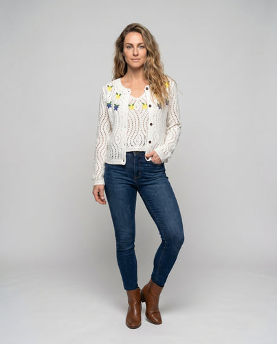 Damen gehäkelte Strickjacke mit bunten Blumenmotiven EB