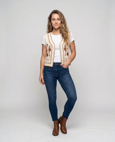 Damen gehäkelte Strickjacke mit floralen Akzenten EB
