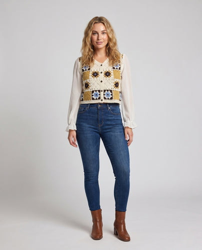 Damen gehäkelte Strickjacke mit floralen Mustern und langen Ärmeln EB