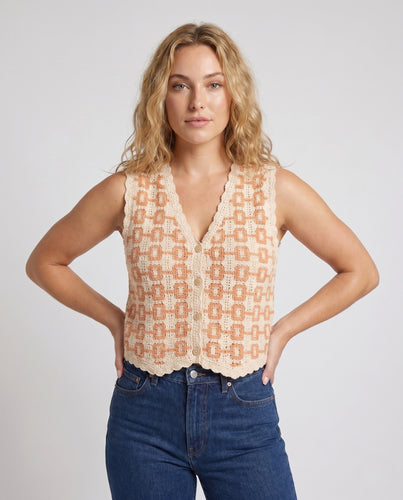 Damen gehäkelte Strickweste mit romantischem Muster und Spitzenrand EB
