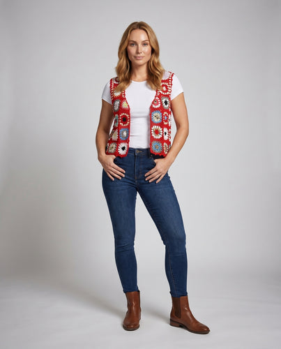 Damen gehäkelte Weste mit buntem Patchwork-Design EB