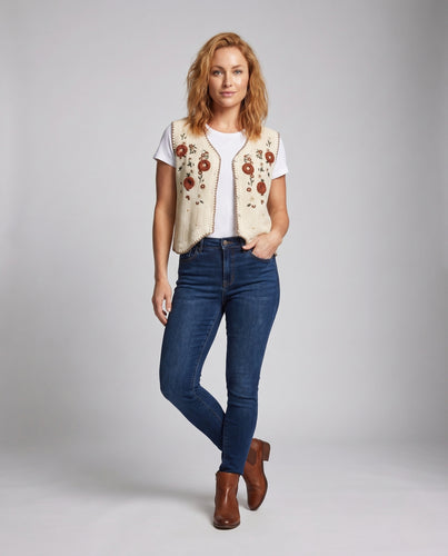 Damen gehäkelte Weste mit floralen Akzenten EB