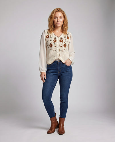Damen gehäkelte Weste mit floralen Stickereien EB