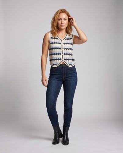 Damen gehäkelte Weste mit geometrischem Muster und Knopfdetails EB