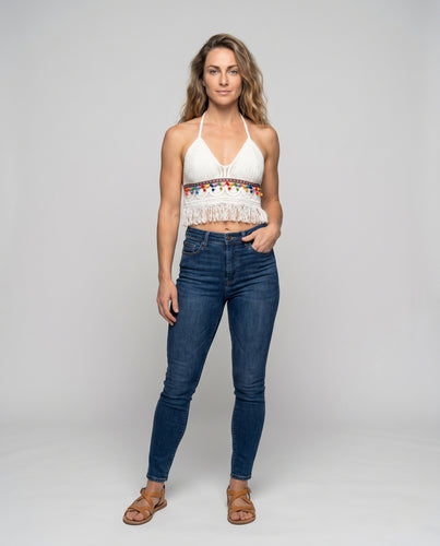 Damen gehäkeltes Bustier mit farbenfrohen Quasten und fransiger Kante EB