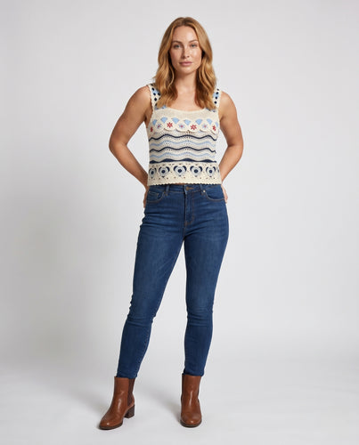 Damen gehäkeltes Crop-Top mit floralen und geometrischen Mustern EB