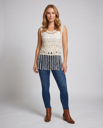 Damen gehäkeltes Crop-Top mit Fransen und floralem Design EB