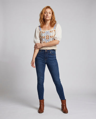 Damen gehäkeltes Oberteil mit Puffärmeln und floralem Design EB