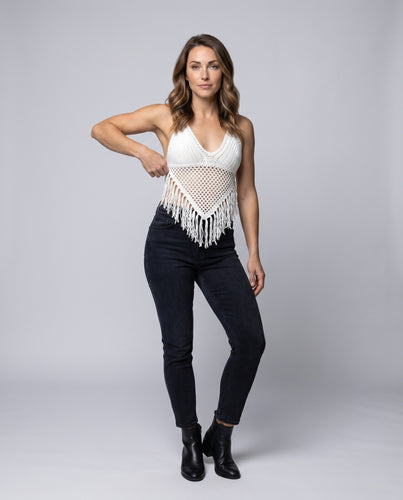 Damen gehäkeltes Strandtop mit fransigem Saum und tiefem Ausschnitt EB