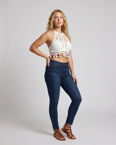 Damen Häkel-Bustier mit bunten Troddeln und geometrischem Design EB