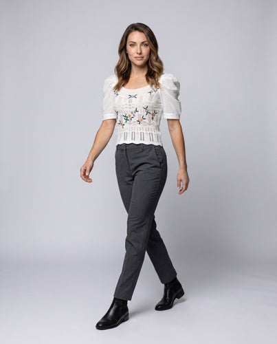 Damen Häkelbluse mit romantischen Puffärmeln und floralem Design EB