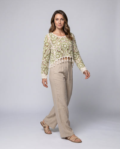 Damen Häkelcropped Top mit Fransen und floralem Muster EB