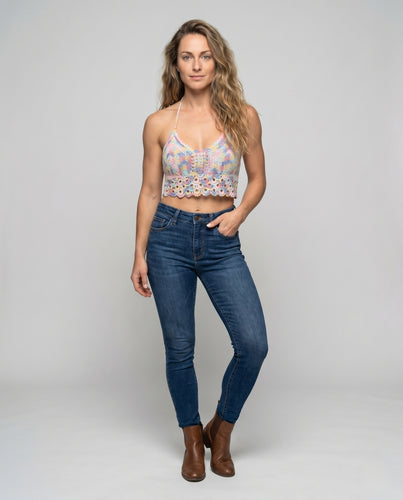 Damen Häkelcroptop mit buntem Muster EB