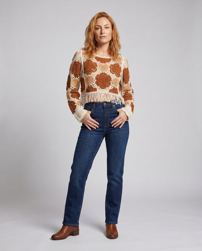 Damen Häkelpullover mit floralen Applikationen und lässigem Schnitt EB