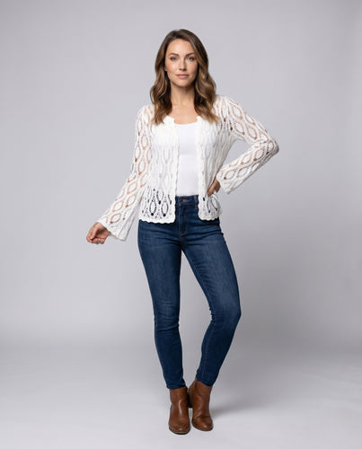 Damen luftige Strickjacke im Boho-Stil mit feinem Lochmuster EB