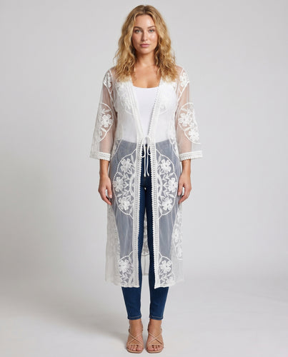 Damen luftiger Transparenter Kaftan mit kunstvollen Häkelmotiven EB