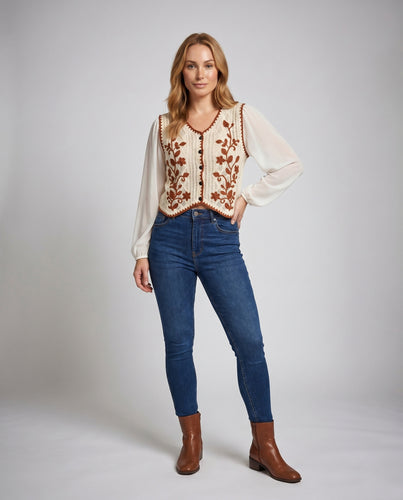 Damen Strickweste mit eleganten Puffärmeln und floralen Stickereien EB