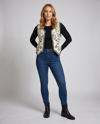 Damen Strickweste mit kunstvollem Blumenmuster EB