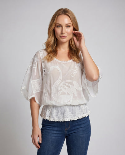 Damen transparente Bluse mit floralen Stickereien EB