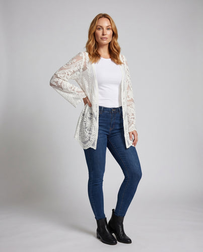 Damen transparente Häkeljacke mit floralen Verzierungen EB