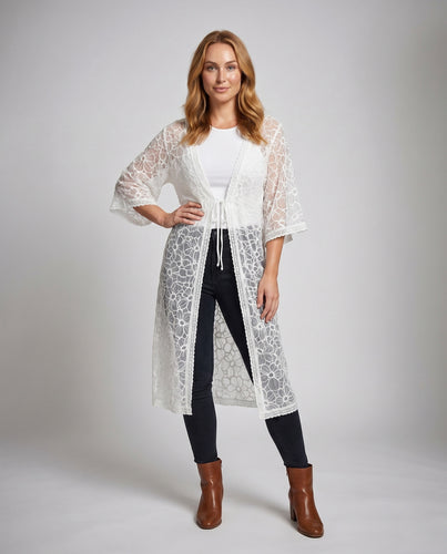 Damen transparente Häkelrobe mit eleganten Spitzendetails EB