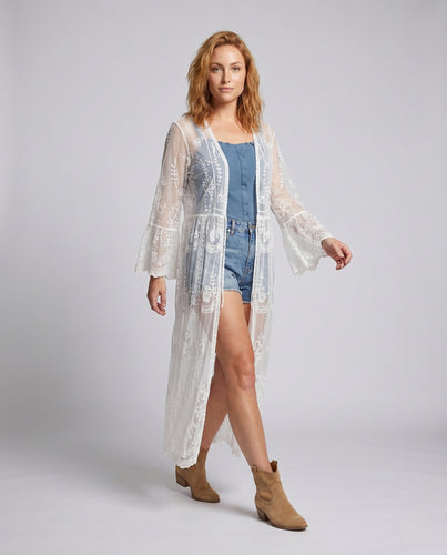 Damen transparente Häkelrobe mit floralen Stickmustern EB