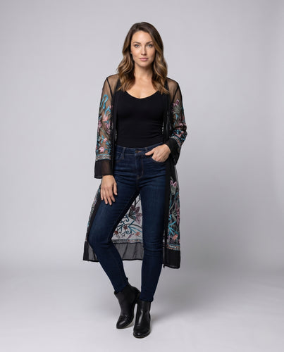 Damen Transparente Kimonojacke mit floralen Stickereien EB