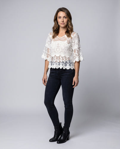Damen transparente Spitzenbluse mit romantischen Mustern EB