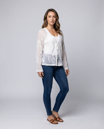 Damen transparente Spitzenjacke mit eleganten Blütendetails EB