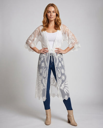Damen transparenter Kaftan mit floralen Applikationen EB