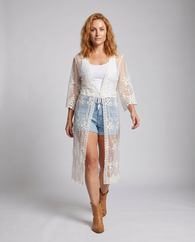 Damen transparenter Kaftan mit floralen Details EB