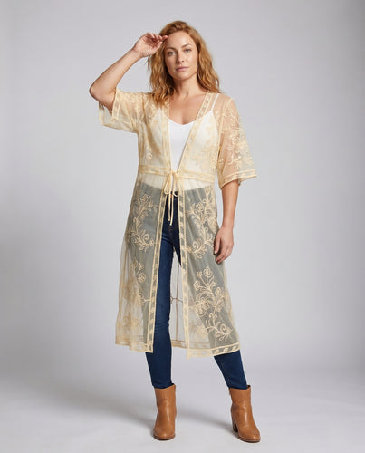 Damen transparenter Kaftan mit floralen Stickereien EB
