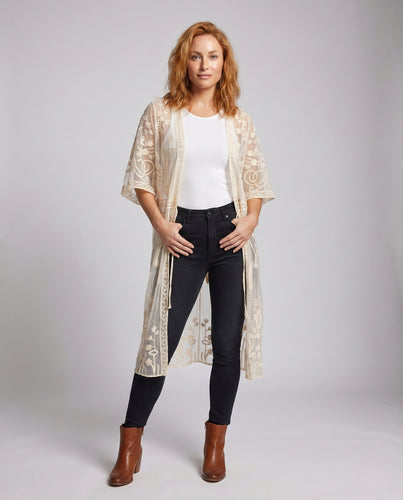 Damen transparenter Strandkimono mit floralen Stickereien EB