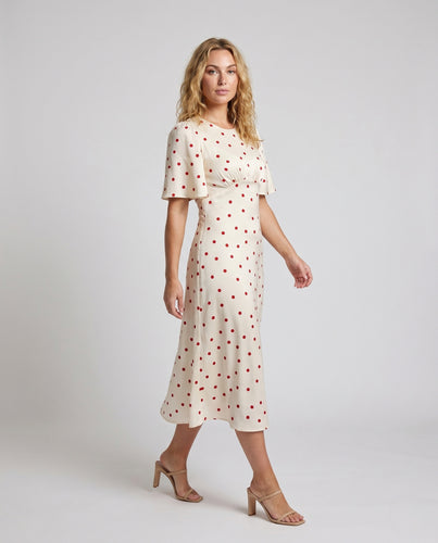 Damen Buntes Midi-Kleid mit eleganten Puffärmeln und femininen Punkten EB