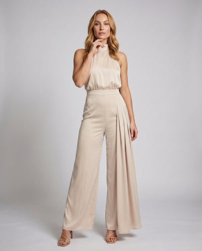 Damen elegante Jumpsuit mit hochgeschlossenem Halsausschnitt und weiten Beinen EB