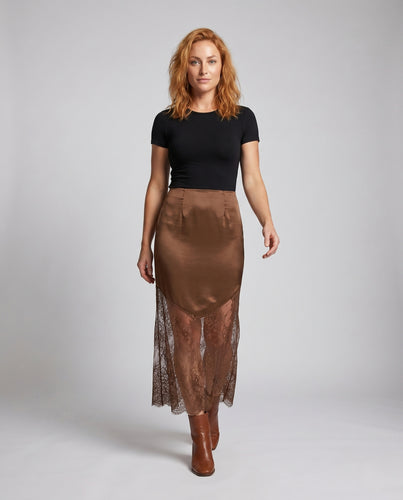 Damen Eleganter Spitzenrock mit seidenartigem Obermaterial und detaillierter Spitzenborte EB