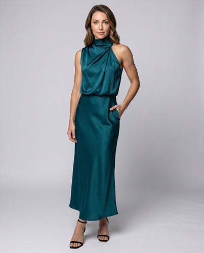 Damen Elegantes Maxikleid mit asymmetrischem Kragen und fließendem Stoff EB