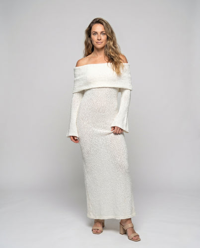 Damen elegantes Schimmerkleid mit Off-Shoulder-Ausschnitt und langen Ärmeln EB