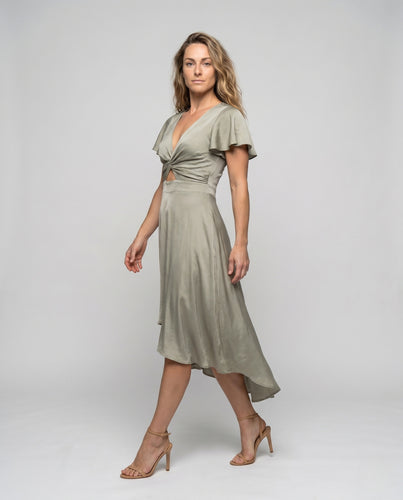 Damen elegantes Wickelkleid mit asymmetrischem Saum und femininen Ärmeln EB