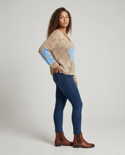 Damen Netzpullover mit floralen Akzenten EB